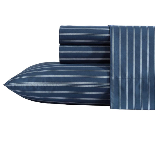 Nautica - Juego de sábanas de percal de algodón de Alta Calidad, Juego de Ropa de Cama a Rayas, Certificado Oeko-Tex, Color Azul Rayado, tamaño Individual XL