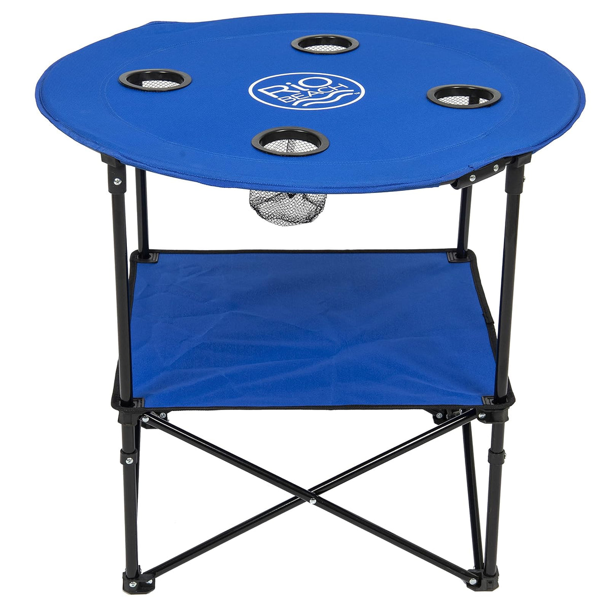 Rio Brands - Mesa de Playa Plegable portátil de Tela Ligera Redonda de 28 Pulgadas con portavasos, Color Azul