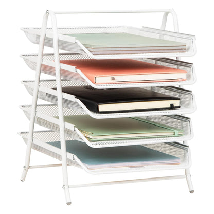 Betesh Mind Reader 5-Tier Paper Tray, Desktop Organizer, File Storage, Workspace, Office, Metal Mesh, 11.75" L x 14" W x 14.5" H, White - White