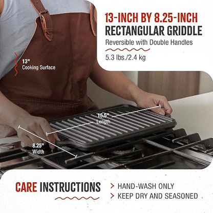 Victoria - Plancha rectangular reversible de hierro fundido para dos quemadores, sazonada con aceite de linaza con certificación 100% kosher sin OMG, 33 x 21 cm, color negro