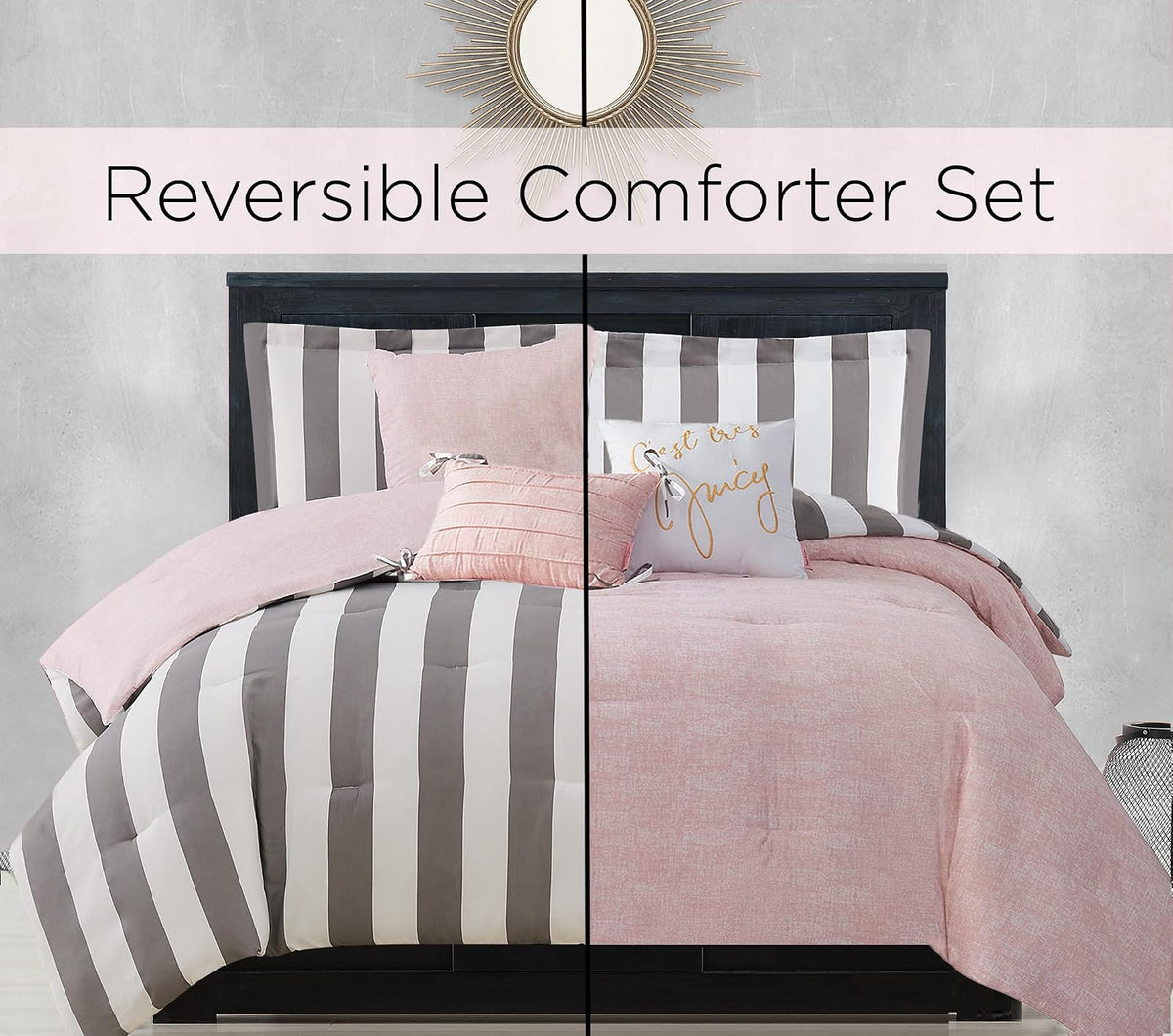 Juicy Couture - Juego de edredón, diseño de Rayas de cabaña, Juego de Cama Individual, Juego de 5 Piezas Incluye 1 edredón, 1 Funda y 3 Almohadas Decorativas, 100% Microfibra de poliéster, Resistente