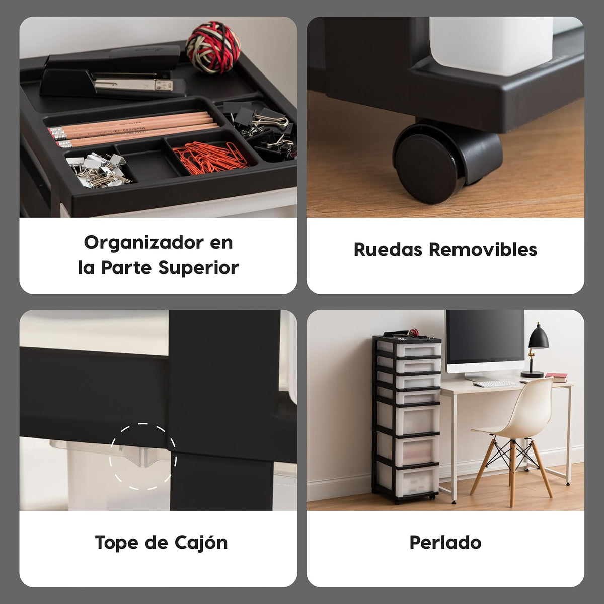 IRIS USA Carrito Organizador con Ruedas de 7 Cajones, Negro/Perla | Organiza manualidades, artículos de oficina, salón y accesorios con cajones de fácil acceso para uso diario