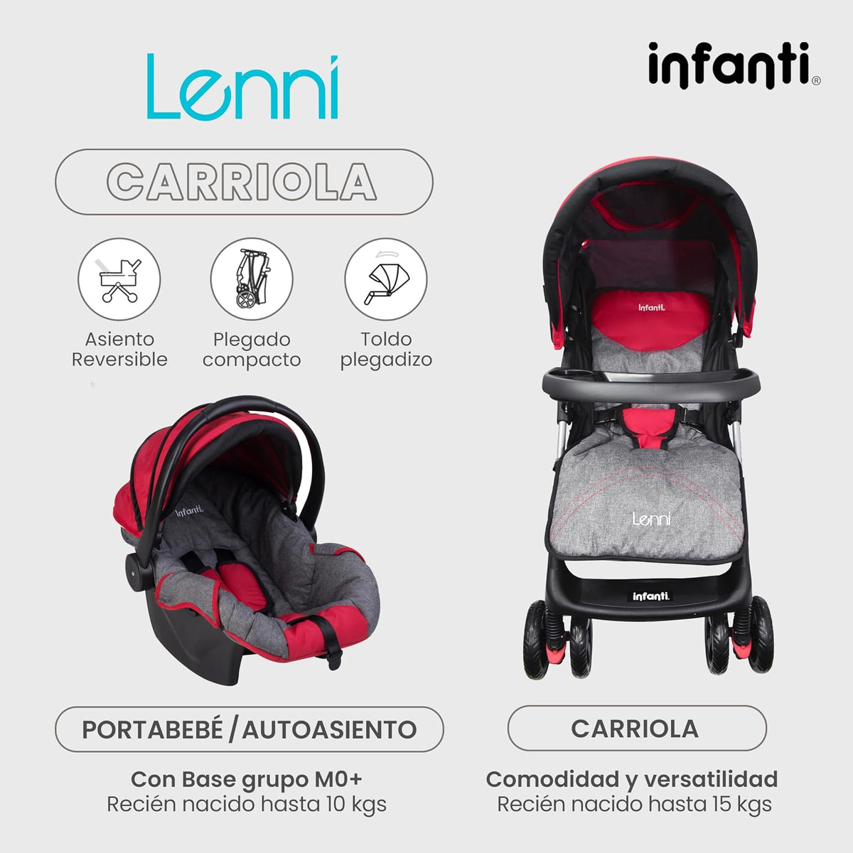 INFANTI | Carriola Para Bebe LENNI | Carreola con Portabebé - Sistema De Viaje | Travel System - Accesorios de hasta 15kg | Charola Desmontable y Plegable | Con Portavasos | Color Rojo