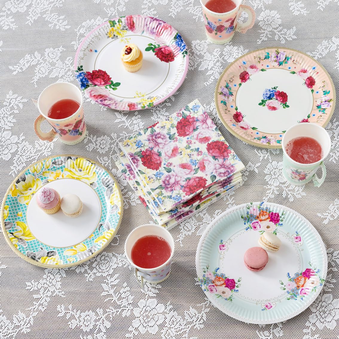 Juego de vajilla desechable para 16 invitados con diseño floral de tarde/té de tarde/fiesta para 16 invitados, bonito juego de platos de papel, servilletas para tazas de té, mantel para cumpleaños
