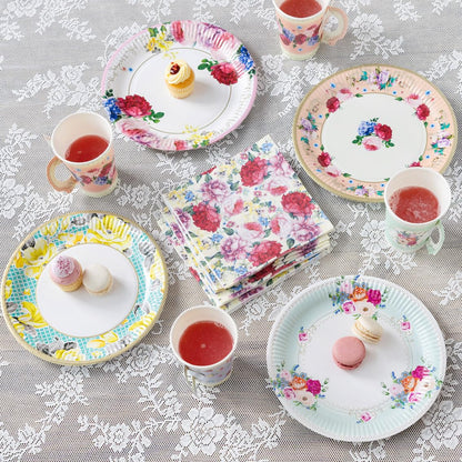 Juego de vajilla desechable para 16 invitados con diseño floral de tarde/té de tarde/fiesta para 16 invitados, bonito juego de platos de papel, servilletas para tazas de té, mantel para cumpleaños