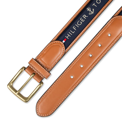 Tommy Hilfiger - Cinturón casual con incrustaciones de tela para hombre con hebilla clásica de arnés, marino, 40