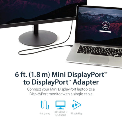 StarTech, Cable Adaptador de Monitor 4k Mini DisplayPort 1.2 Macho a DP Macho, 1.8m, MDP2DPMM6