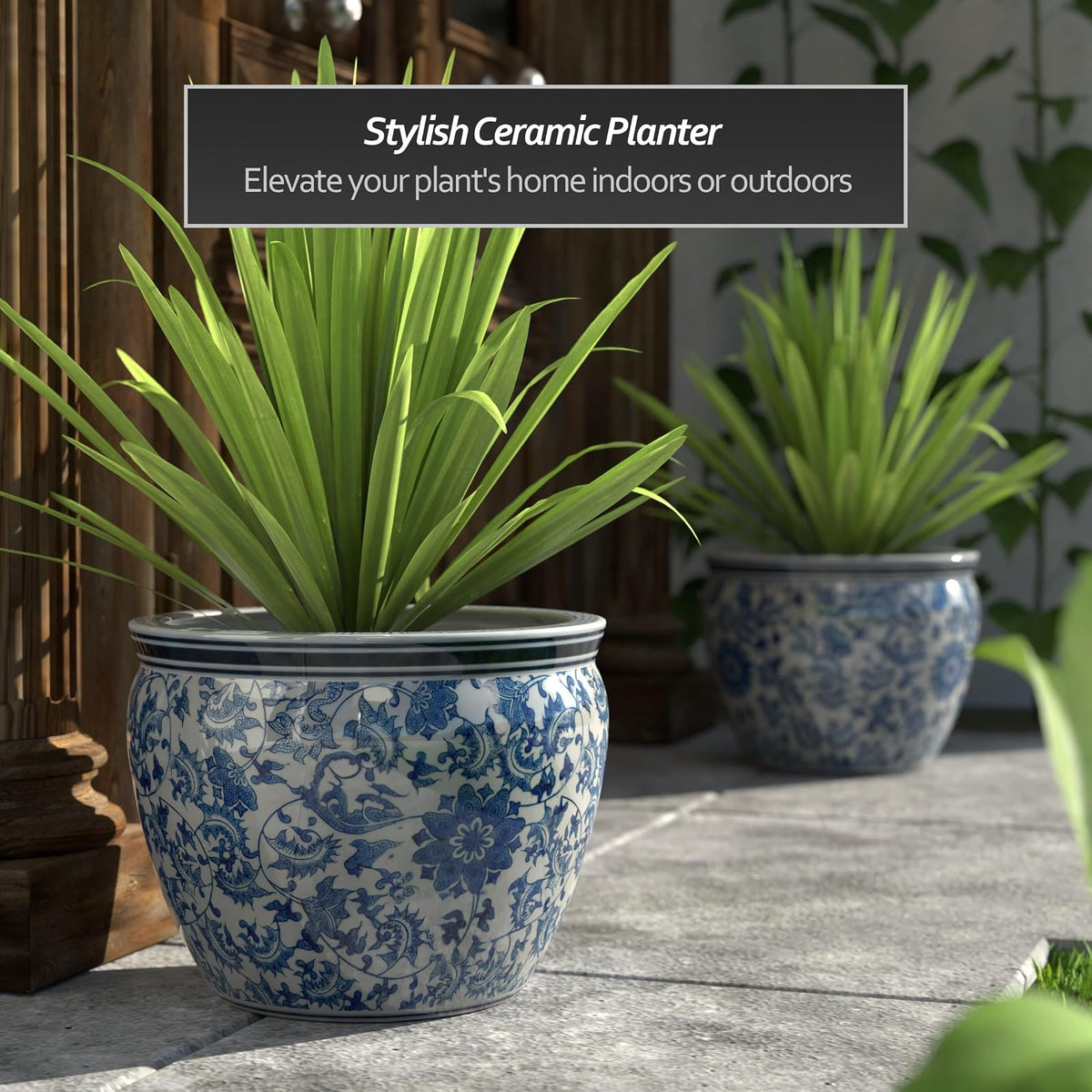Oriental Furniture Classic Asian Indoor Planter Pot, 16-Inch Fine Chinese Export Porcelain Fishbowl, Ming Blue and White Floral Design