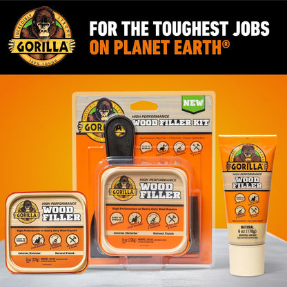 Gorilla - Relleno de madera multiusos, color natural, tubo de 6 onzas | Fórmula resistente al agua, acabado suave y lijable, pintable, ideal para reparaciones en interiores o exteriores