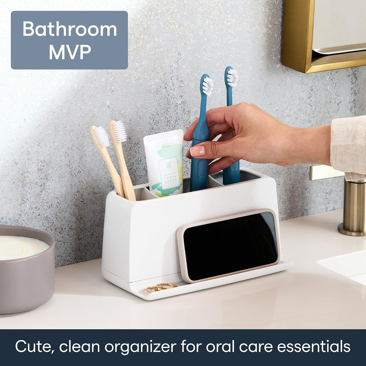 YouCopia The Ledge - Soporte para Cepillo para Polvo de Dientes, 3 Ranuras, Organizador de Cambiador de baño con Ranuras para Cables, Base extraíble y Almacenamiento para teléfonos, Pasta Dental y