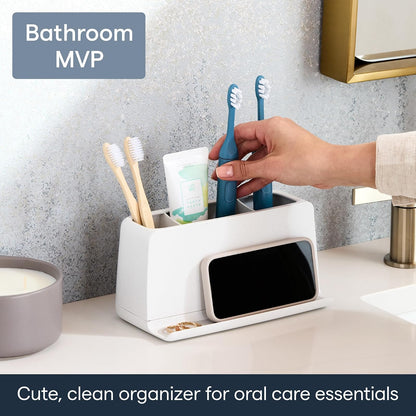 YouCopia The Ledge - Soporte para Cepillo para Polvo de Dientes, 3 Ranuras, Organizador de Cambiador de baño con Ranuras para Cables, Base extraíble y Almacenamiento para teléfonos, Pasta Dental y