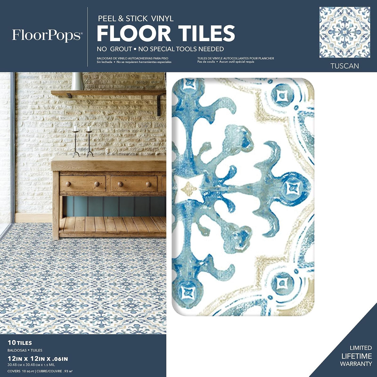 FloorPops - Azulejos de suelo toscano de 12 x 12 pulgadas (10 azulejos), (10 pies cuadrados/caja)