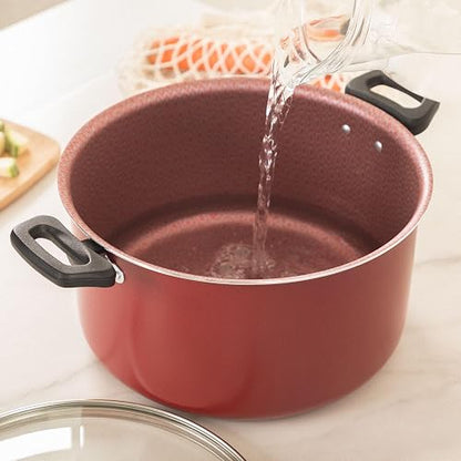 Ekco | Olla con Tapa Classic Aluminio Antiadherente Rojo Geothermic 24 cm | Tapa de vidrio, Fácil limpieza, Libre de PFOA, Cocción uniforme, Asas remachadas, Tapa de vidrio, Baquelita aislante