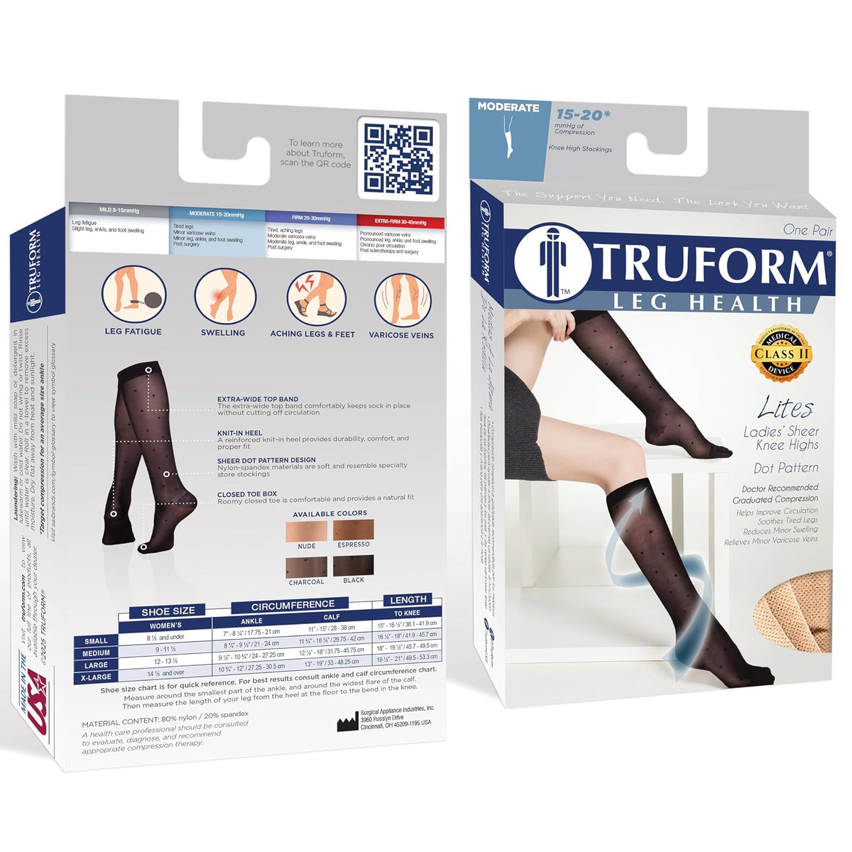 Truform Sheer Compression Stockings, 15-20 Mmhg, Women's Knee High Length, Dot Pattern Espresso, Pack of 1
