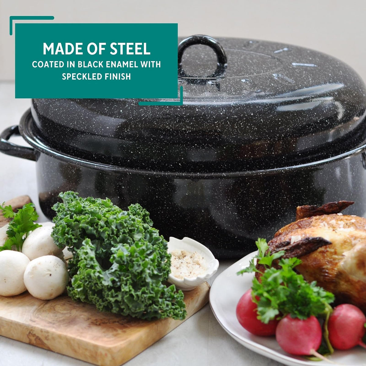 MIRRO - Asador ovalado esmaltado de 15 pulgadas con tapa, color negro