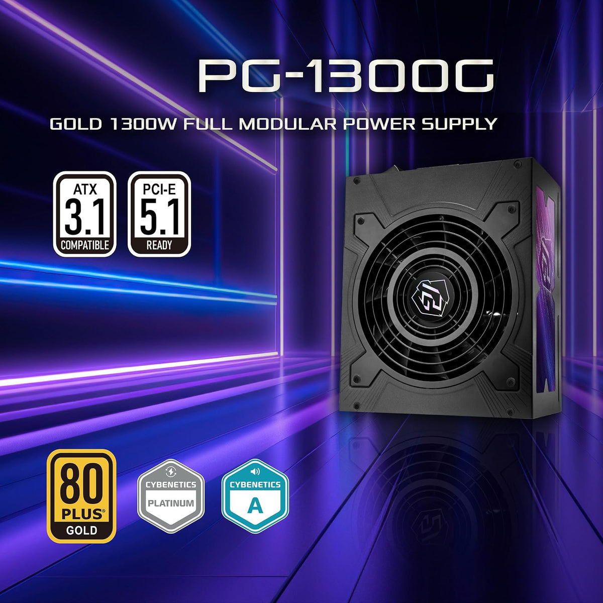 ASRock Phantom Gaming PG-1300G ATX 3.1 1300W Fuente de alimentación PCle5.1 10 años de garantía Condensador japonés Totalmente Modular 80 Plus Gold Cybenetics Platinum 12V-2x6 Cables