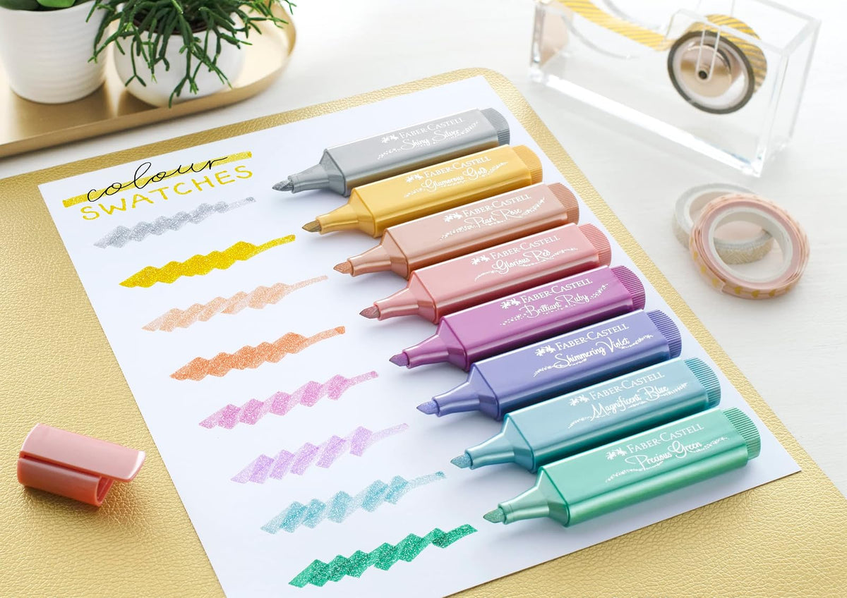 Faber-Castell. Pack 8 textliner 46 metálicos, colores, verde, azul, violeta, rosa, rosa perlado, plata, oro y rojo. Presentación creative studio