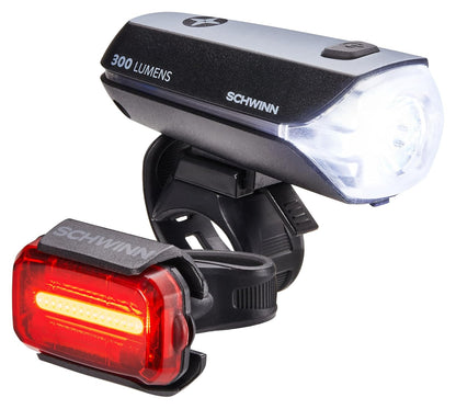Schwinn - Juego de luces LED para bicicleta, faros delanteros recargables por USB y luz trasera que funciona con pilas, con correa de silicona de montaje sin herramientas, pieza de bicicleta y