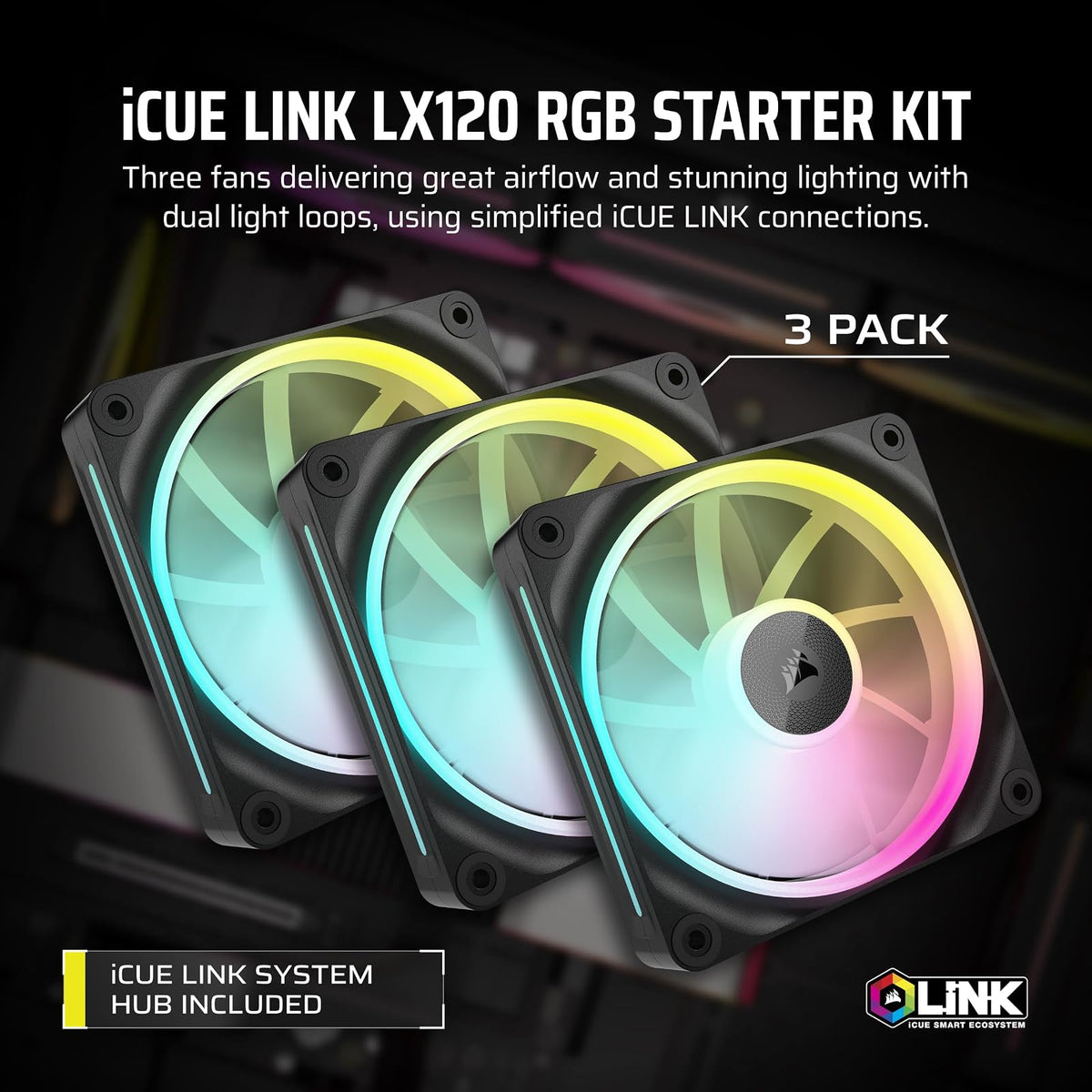 CORSAIR iCUE Link LX120 RGB 120 mm PWM Ventiladores – Paquete Triple – Bucles de luz dual – Incluye iCUE Link System Hub – Tecnología CORSAIR AirGuide – Negro