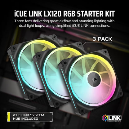 CORSAIR iCUE Link LX120 RGB 120 mm PWM Ventiladores – Paquete Triple – Bucles de luz dual – Incluye iCUE Link System Hub – Tecnología CORSAIR AirGuide – Negro