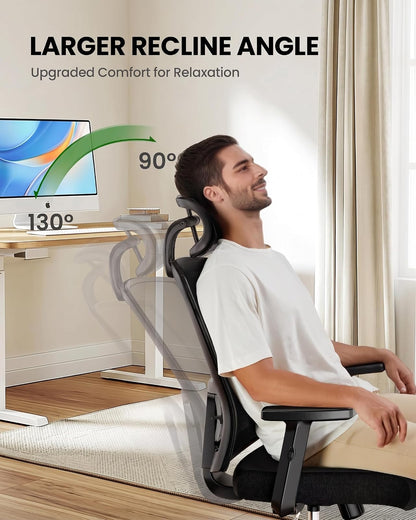 Marsail Silla ergonómica de malla de oficina con respaldo alto, soporte lumbar ajustable con reposacabezas abatible con brazos elevables, silla giratoria para computadora para personas grandes y altas