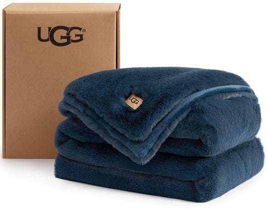 UGG Euphoria - Manta de piel sintética de felpa de peso medio, reversible, suave para sofá, cama o silla, hipoalergénica, lavable a máquina, manta de decoración del hogar, 50 x 70 pulgadas, color azul