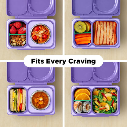 Omie OmieBox UP Bento Box para niños, lonchera aislada, tarro térmico de alimentos aislado al vacío a prueba de fugas, bolsa de hielo más fría, 2 compartimentos (morado galaxia)