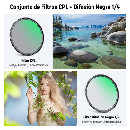 NEEWER 82 mm CPL + Filtro Difusor Negro 1/4 para Filtro de Efecto Cinematográfico de Niebla (Paquete de 2), Filtro Polarizador Circular de Cristal Óptico Multicapa con Efecto Cinematográfico Suave