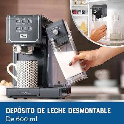 Oster Cafetera PrimaLatte 2 Touch con Panel Táctil y 19 Bar de Presión | Prepara espresso, cappuccino y latte, compatible con café molido, sobres E.S.E. y cápsulas Nespresso, Gris, BVSTEM6801M