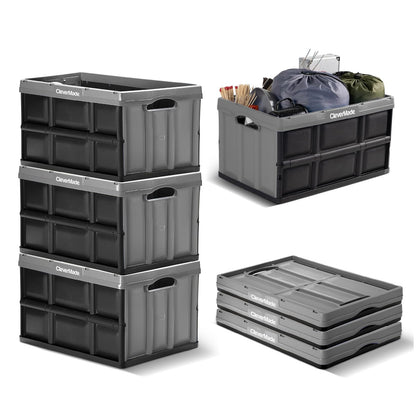 CleverMade Contenedores Plegables de Almacenamiento, Paquete de 3, 62 L, Apilables, Color Piedra