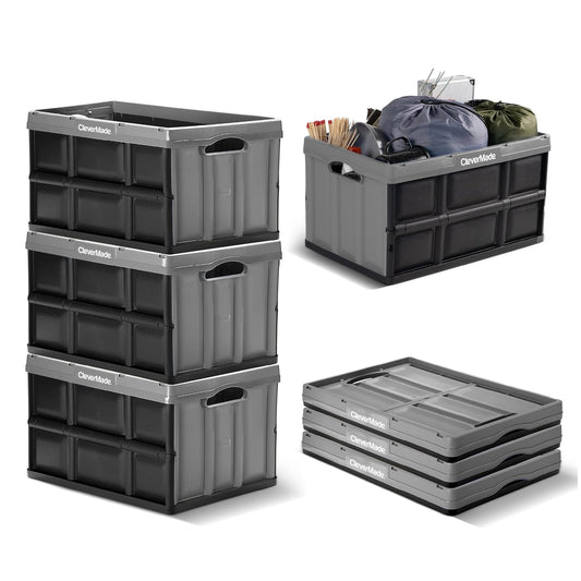 CleverMade Contenedores Plegables de Almacenamiento, Paquete de 3, 62 L, Apilables, Color Piedra