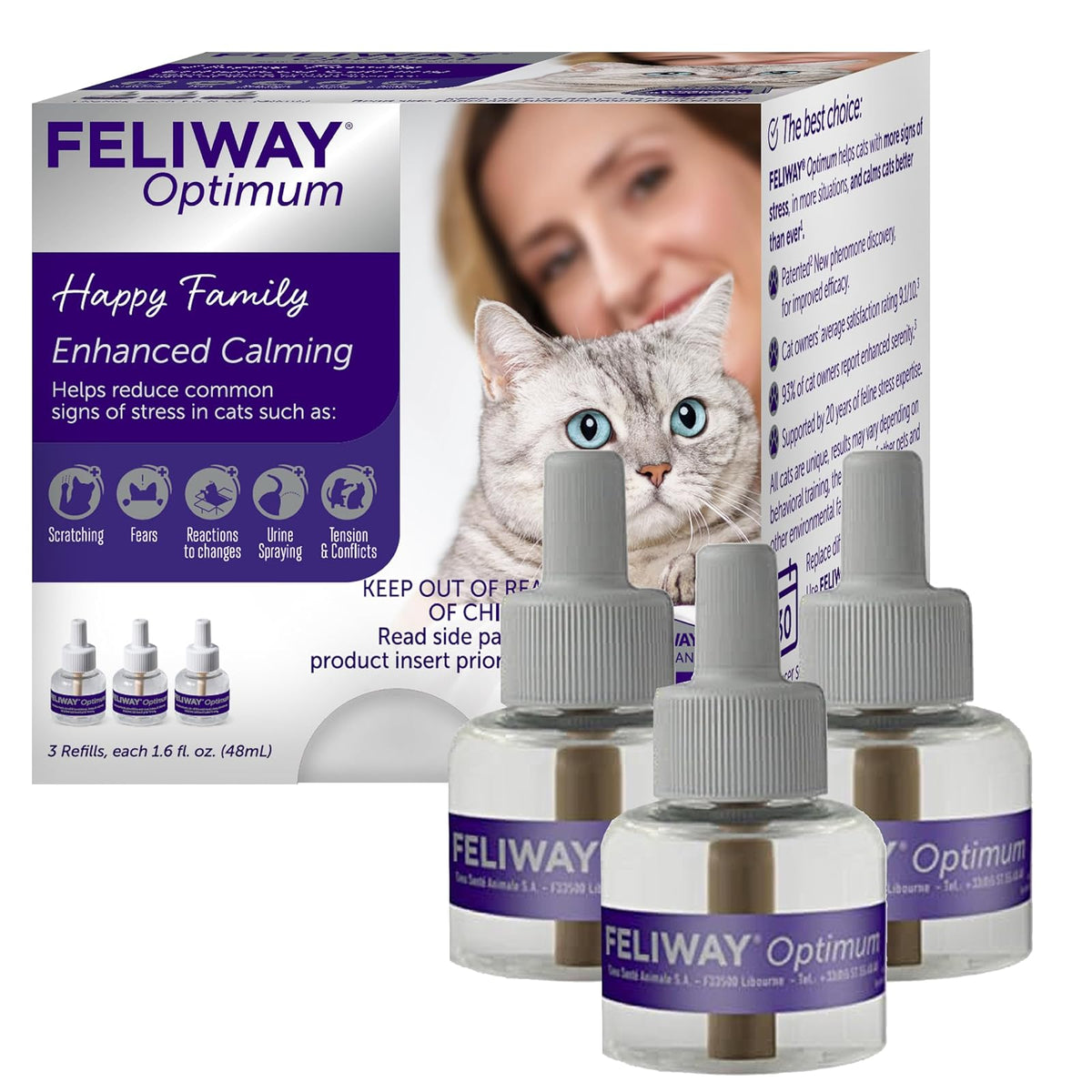 FELIWAY Optimum Cat Difusor de feromonas calmantes Mejorado, Recambio de 30 días, Paquete de 3