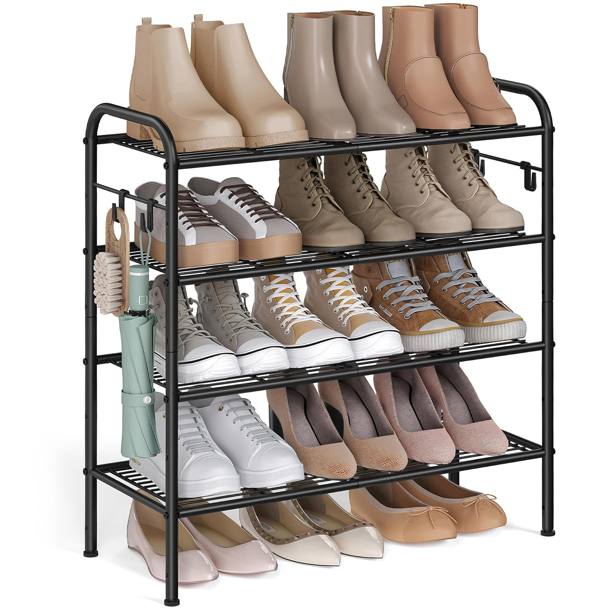 SONGMICS Zapatero, Organizador Zapatos de 4 Niveles, Estante Metálico, con 4 Ganchos, para 16 Pares, Altura Ajustable, Negro Tinta MLMR069B01 - 4 Niveles (68W cm) - Negro tinta