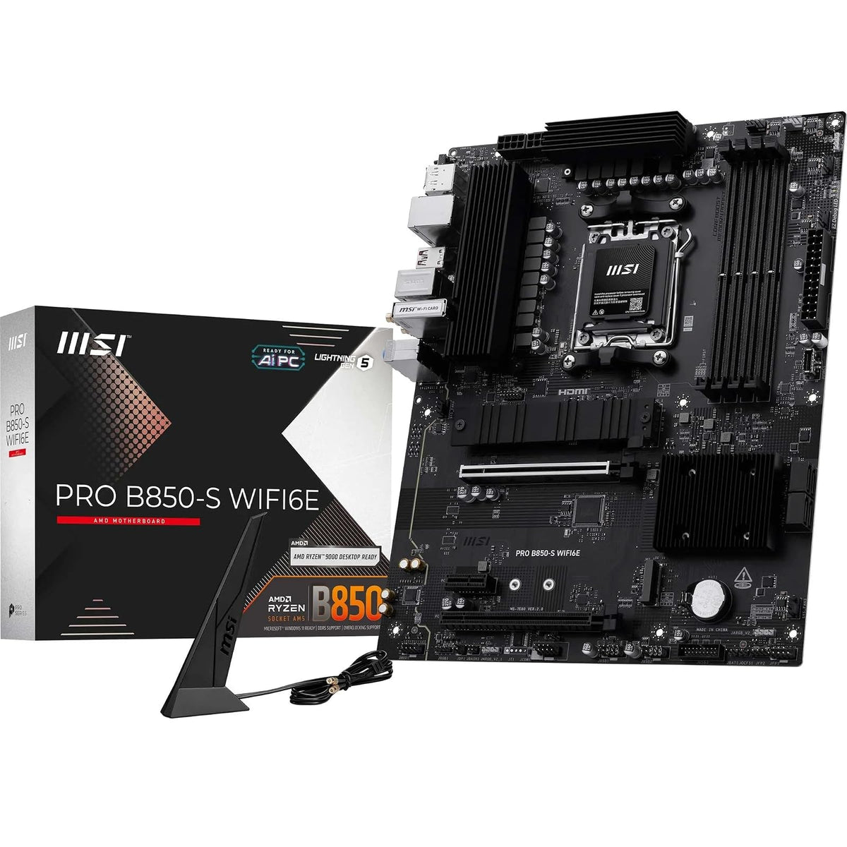 MSI Pro B850-S WIFI6E Motherboard, ATX - Compatible con procesadores AMD Ryzen 9000/8000 / 7000, AM5 - DDR5 Memory Boost (8200+ MT/s OC), PCIe 4.0 x16, M.2 Gen5, Wi-Fi 6E, LAN 2.5G