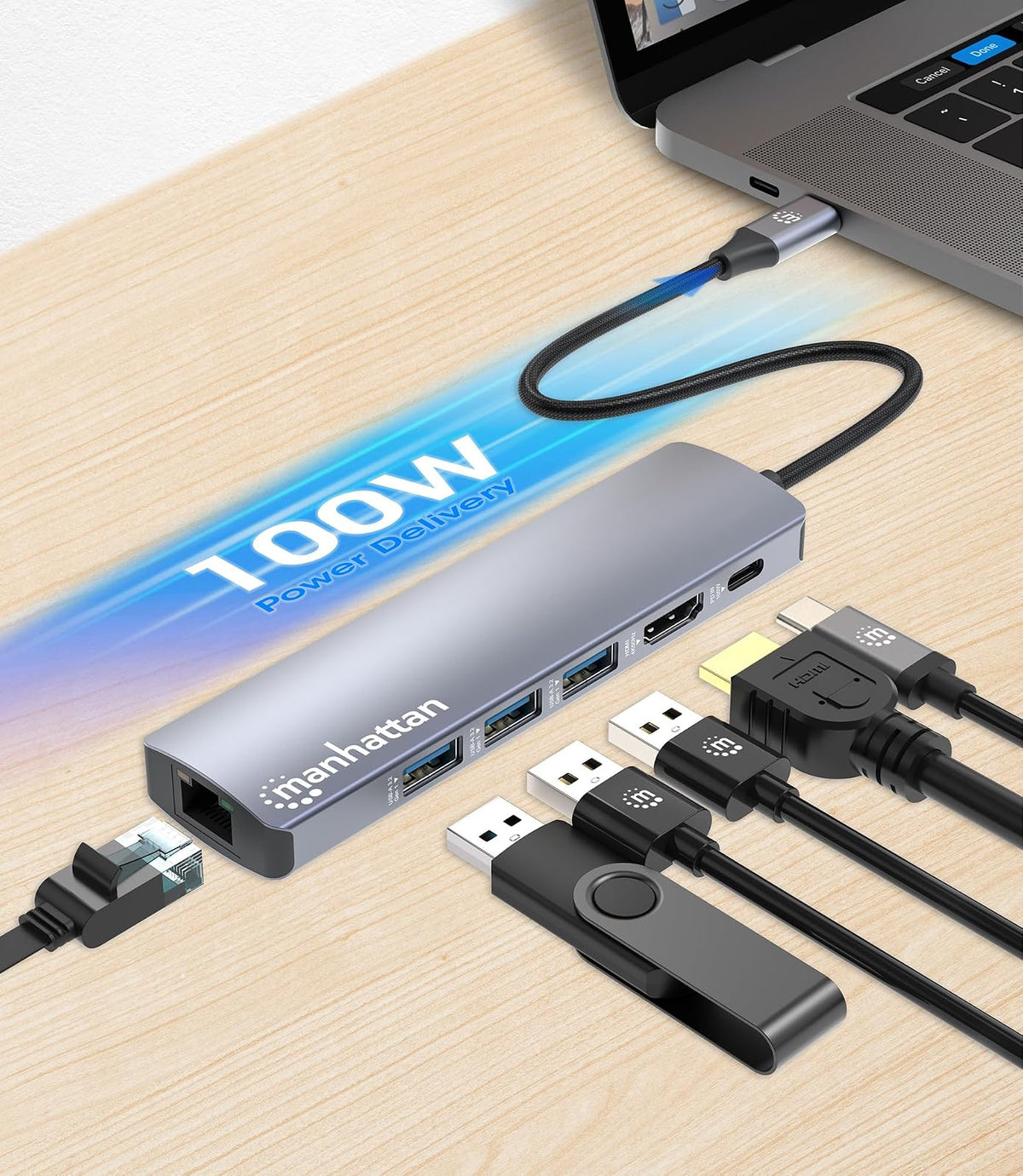 Manhattan Docking Station USB C Hub 6 en 1 con HDMI 4K@60Hz, Puerto Gigabit Ethernet y Carga PD 100W, Adaptador con 3 Puertos USB 3.0 para MacBook Pro, Air, iPad y Laptop, Gris Espacial, 153959