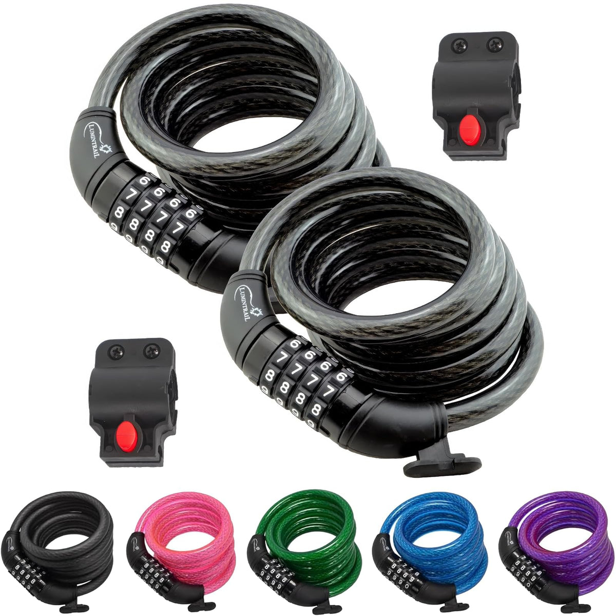 Lumintrail - Candados para bicicleta de 4 pies, paquete de 2 unidades resistentes antirrobo con combinaciones, bloqueo de cable de bicicleta con soporte de montaje (2 unidades, negro)