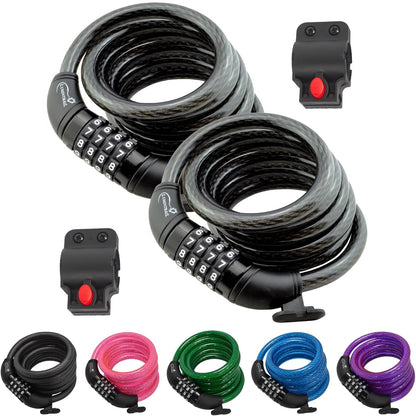 Lumintrail - Candados para bicicleta de 4 pies, paquete de 2 unidades resistentes antirrobo con combinaciones, bloqueo de cable de bicicleta con soporte de montaje (2 unidades, negro)