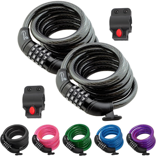 Lumintrail - Candados para bicicleta de 4 pies, paquete de 2 unidades resistentes antirrobo con combinaciones, bloqueo de cable de bicicleta con soporte de montaje (2 unidades, negro)