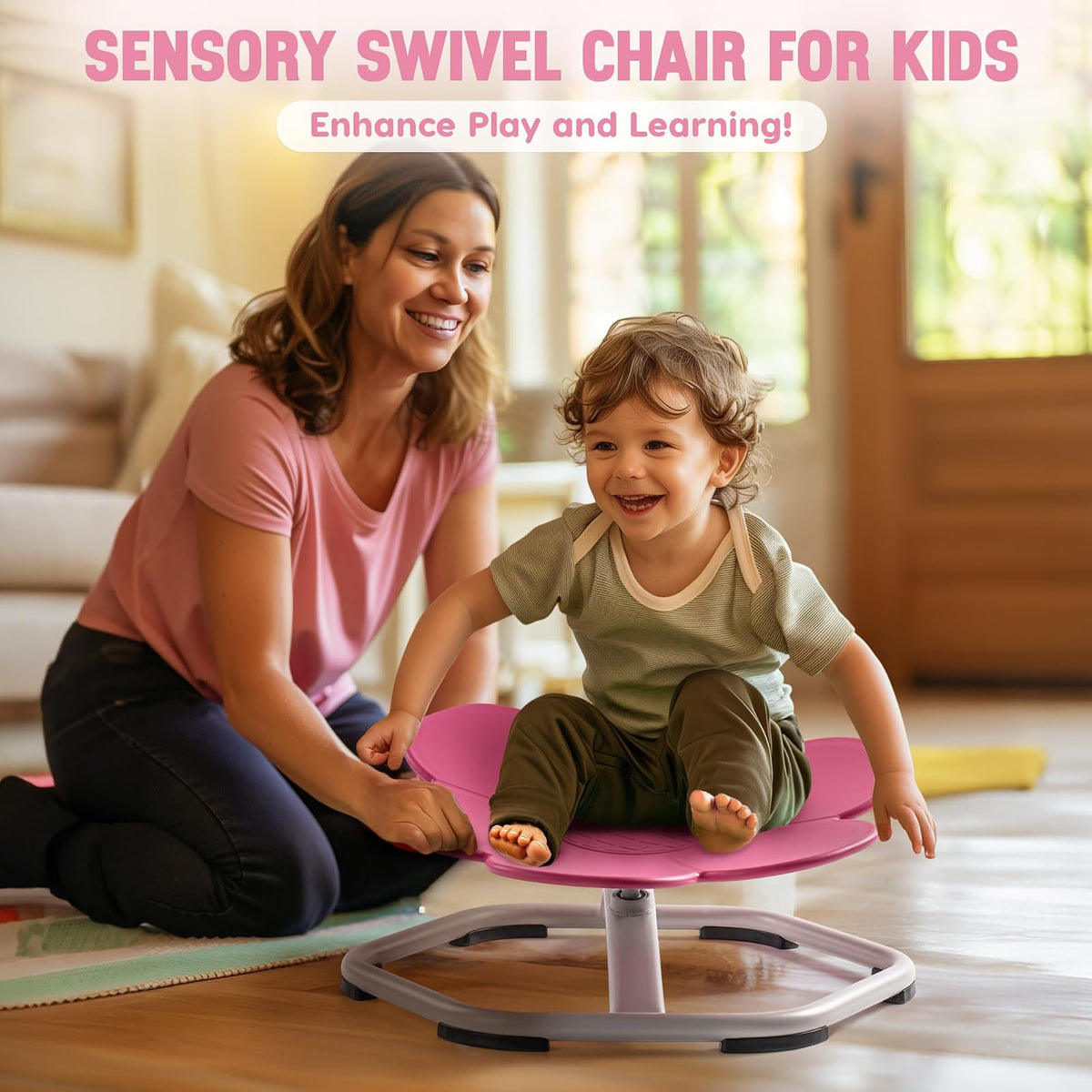 ROBUD - Silla giratoria sensorial para niños, Silla giratoria con diseño Antideslizante, coordinación Corporal de Entrenamiento, Silla oscilante en Forma de Flor, sin Montaje, Color Rosa