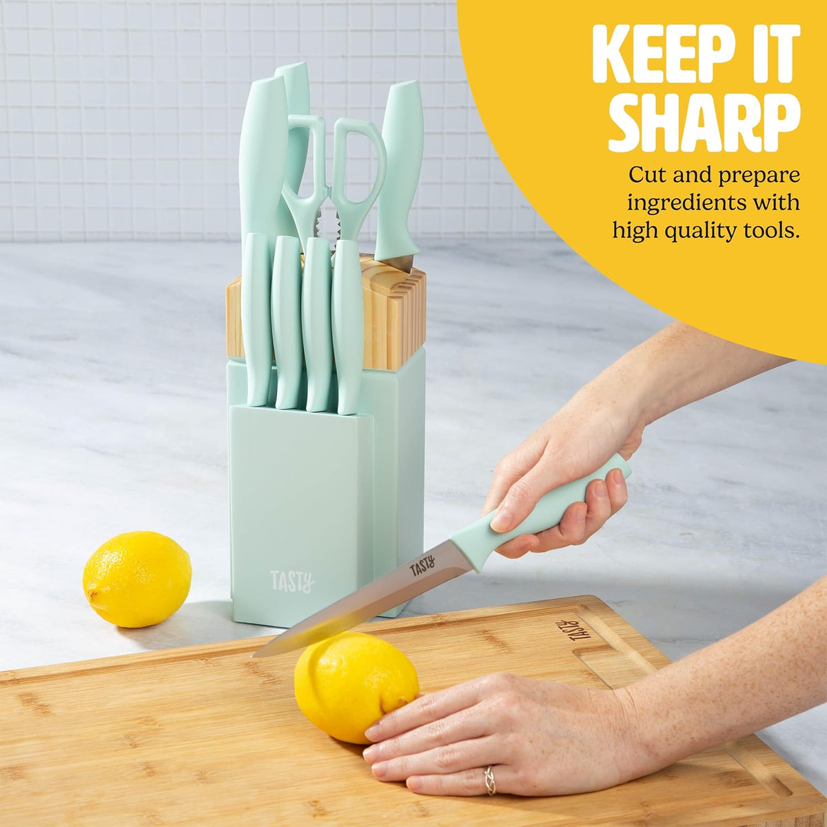 Tasty Juego de cuchillos de cocina con bloque, juego de cubiertos incluye chef, pan, utilidad, pelar, cuchillos y tijeras de carne, 10 piezas, aguamarina