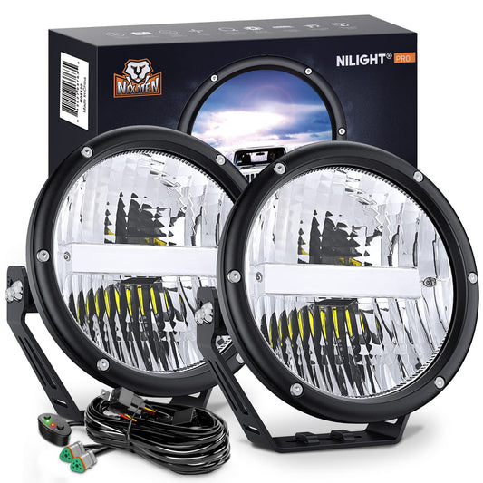 Nilight 7 Inch Round Offroad Lights 2 PCS 120 W High Low Beam IP68 LED Driving Pods Built-in EMC with 14AWG DT Connector Wiring Harness Kit for Truck ATV UTV SUV