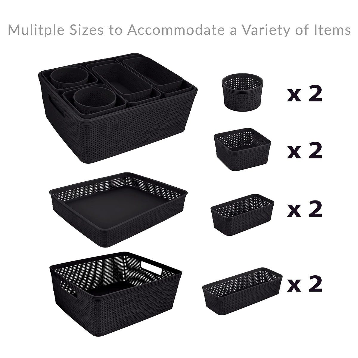 Simplify Black, 10 Pack Organizing Set, Different Sizes for Multiple Needs. for Offices, Desks, Dorms, Small Items, Accessories, Vanity, Bathrooms. Storage Baskets, Bins, Boxes