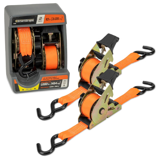 SMARTSTRAPS Correas de carraca retráctiles de 10 pies, Paquete de 2 – Resistencia a la Rotura de 3 Libras, Carga de Trabajo Segura de 1 Libra, Transporte de Motocicletas, Barcos y electrodomésticos