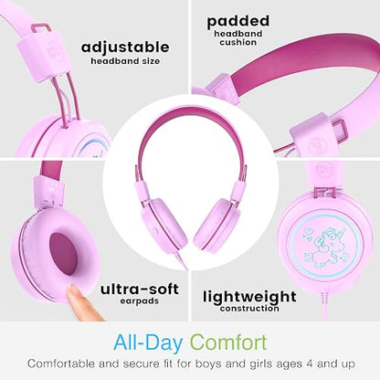 MEE audio KidJamz KJ55 Auriculares USB-C de escucha segura para niños con luces LED multicolores, limitador de volumen y micrófono; auriculares con cable para niños para iPhone 15, iPad y dispositivos