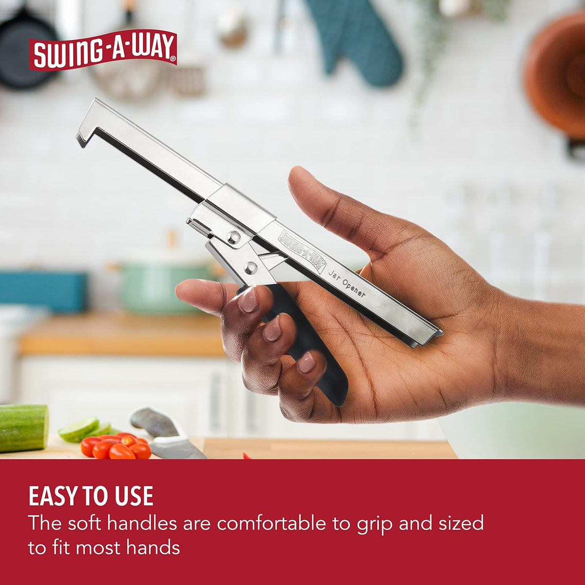 Swing-A-Way Abrelatas de agarre cómodo, de 7.5 pulgadas, ajustable, multifuncional, de acero inoxidable con agarre, mango de goma suave amigable con la artritis, accesorios de cocina (negro)