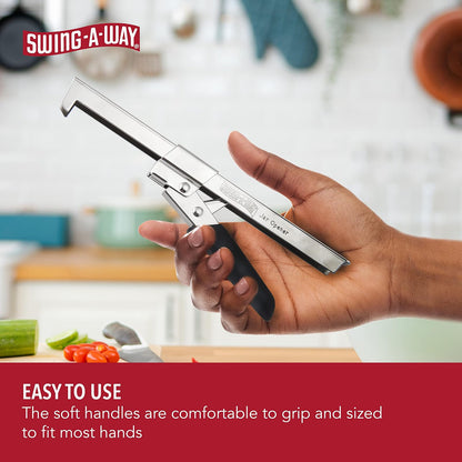 Swing-A-Way Abrelatas de agarre cómodo, de 7.5 pulgadas, ajustable, multifuncional, de acero inoxidable con agarre, mango de goma suave amigable con la artritis, accesorios de cocina (negro)