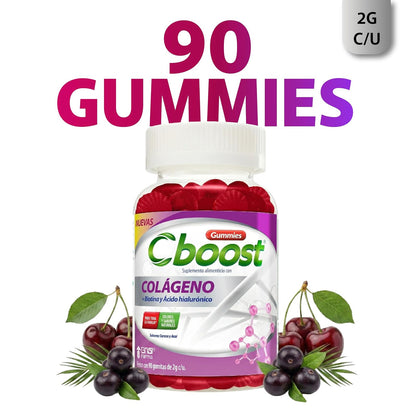 Cboost - Gomitas Colágeno, Biotina y Ácido Hialurónico, Cereza, 90 Piezas | Acaí, colores y sabores naturales, para toda la familia, 2g c/u, Grisi Farma