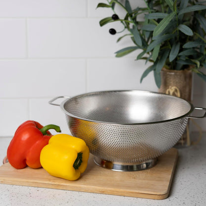 Fox Run Colador grande de acero inoxidable, colador de pasta de 5 cuartos con asas, 28 x 34 x 12,7 cm