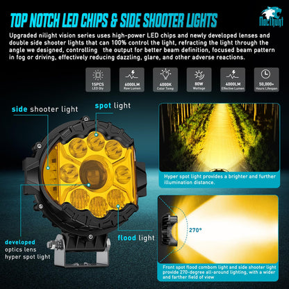 Nilight - Luces LED de conducción todoterreno de 7 pulgadas, haz alto y bajo, 2 unidades de 80 W, luz ámbar redonda, luz lateral, foco de inundación, luz antiniebla con conector DT de 16 AWG, kit de