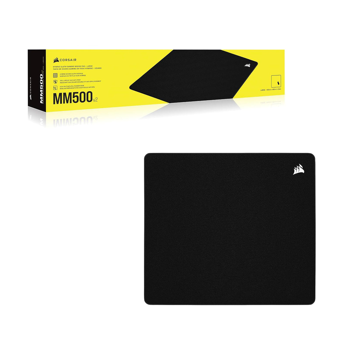Corsair MM500 v2 - Alfombrilla de ratón híbrida Grande para Juegos, 45 x 40 cm, Revestimiento a Prueba de derrames, Bordes cosidos antideshilachados, Base de Goma Antideslizante, Color Negro